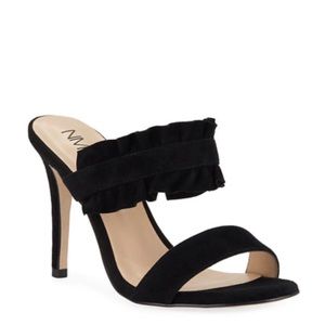 👠NWT! Neiman Marcus suede ruffle open toe heels